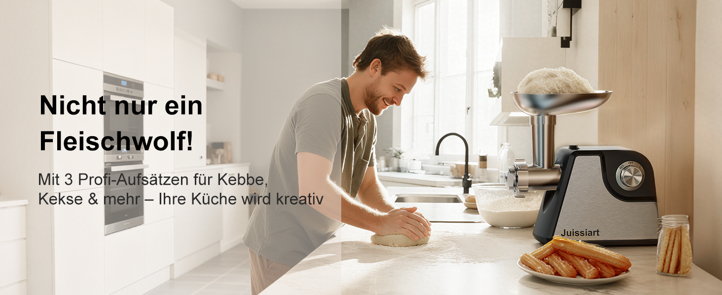 Електрична м'ясоподрібнювач Fleischwolf Juissiart: подрібнювач, фарш, ковбасний насадка, нержавіюча сталь, 3 диски, для кеббе, універсальний