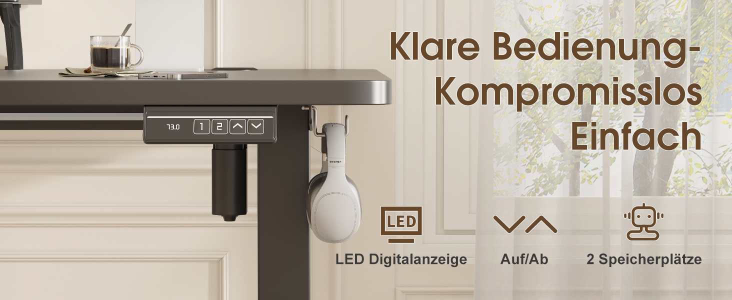 Електричний столик Devoko 160x70 см з регулюванням висоти, з підставкою для монітора, комп'ютерний, 2 функції пам'яті, вінтажний коричневий