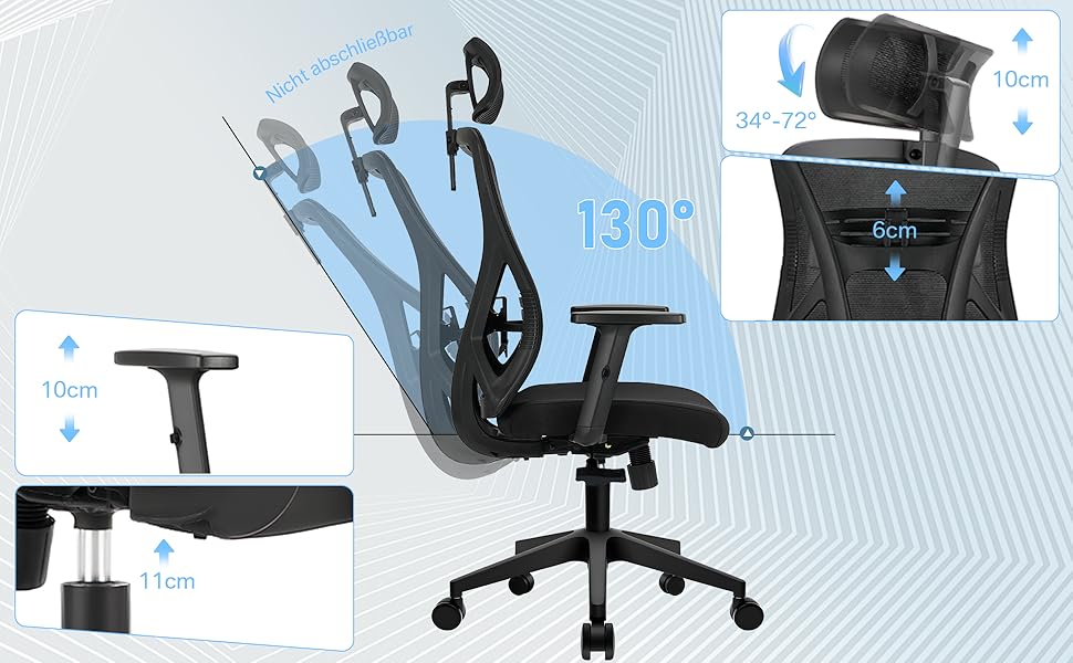 Ергономічне офісне крісло з підголівником та поперековою підтримкою, поворотне, з регульованими підлокітниками, чорне, для дому та офісу