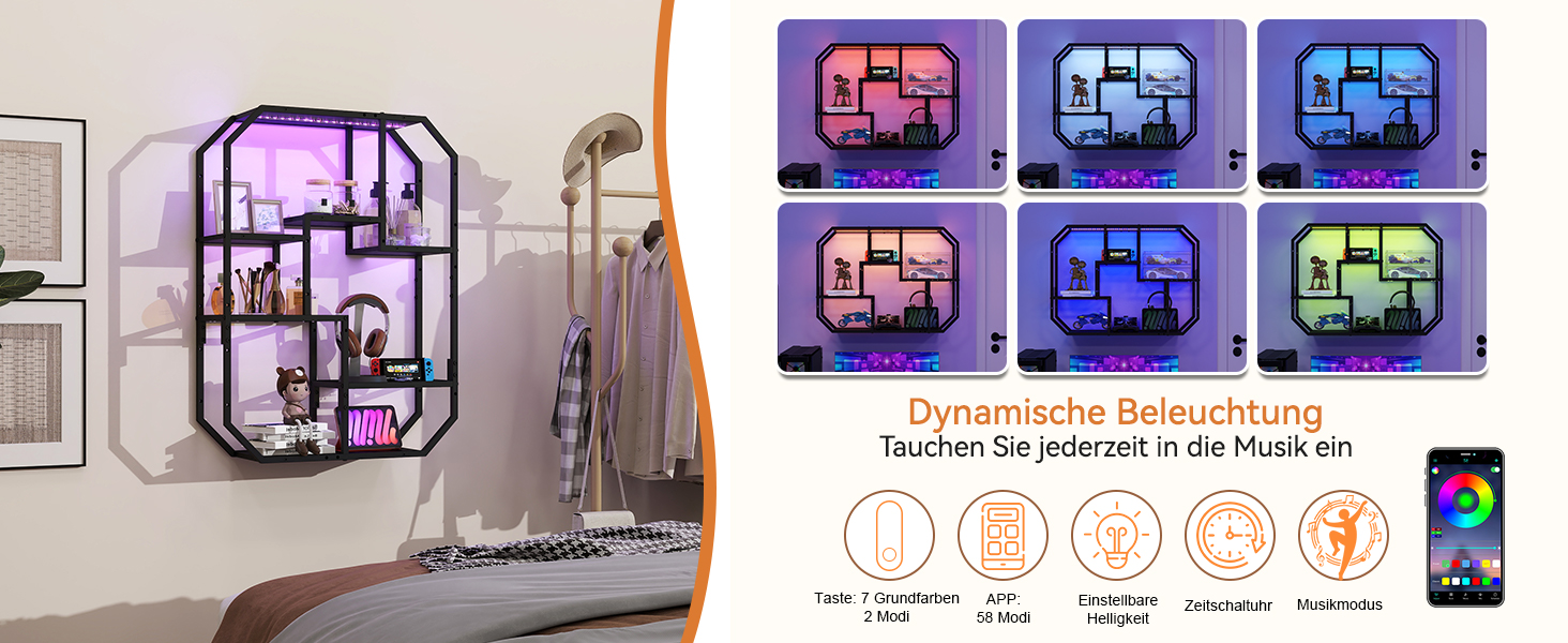 Підвісні полиці YU YUSING з RGB підсвічуванням 7 кольорів, геймерські полиці з 8 гачками, полиці для демонстрації, настінна вітрина з 2 скляними полицями, підвісна вітрина для спальні, кухні, бару, ігрової кімнати, шестигранна (чорний колір)