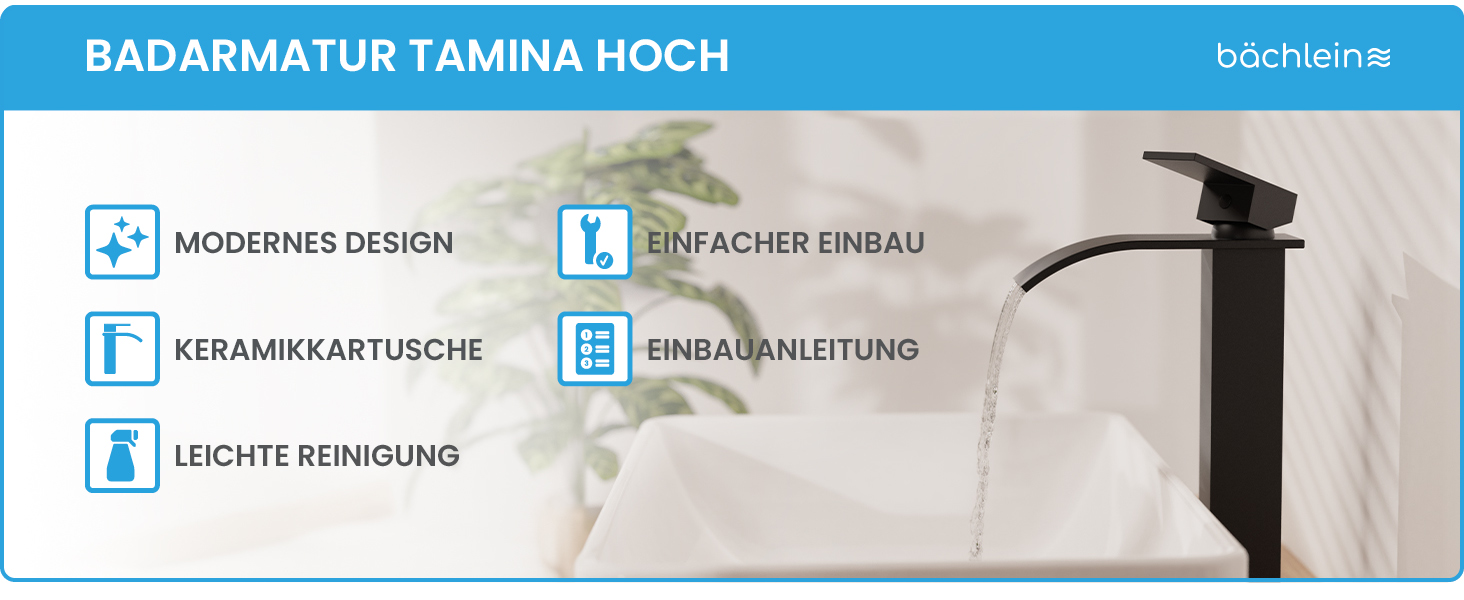 Змішувач для ванної кімнати Bächlein Tamina Waterfall в чорному матовому кольорі, однорідний важіль, керамічна картридж, комплект для монтажу
