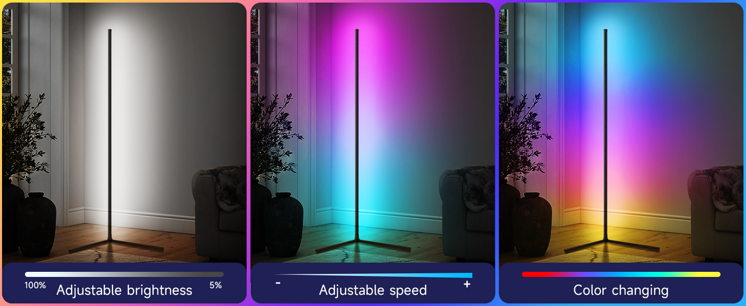 LED торшер у вітальню RGB кутовий, димується з пультом та додатком, синхронізація з музикою, DIY-режим, таймер - чорний