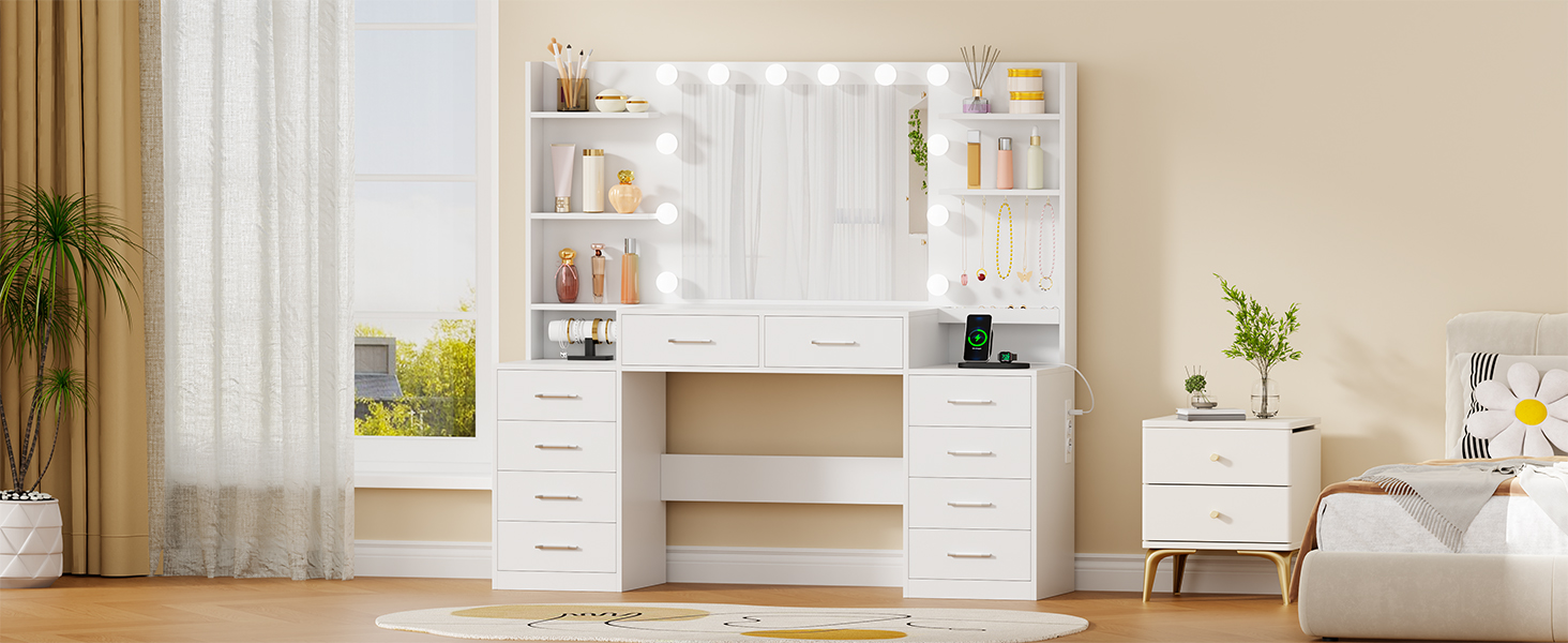 Трюмо BEWISHOME з дзеркалом, регульованою LED-підсвіткою та розетками, 10 шухлядами, 5 полицями, гачками та органайзером для прикрас, сучасний дизайн, білий колір, EFST52W