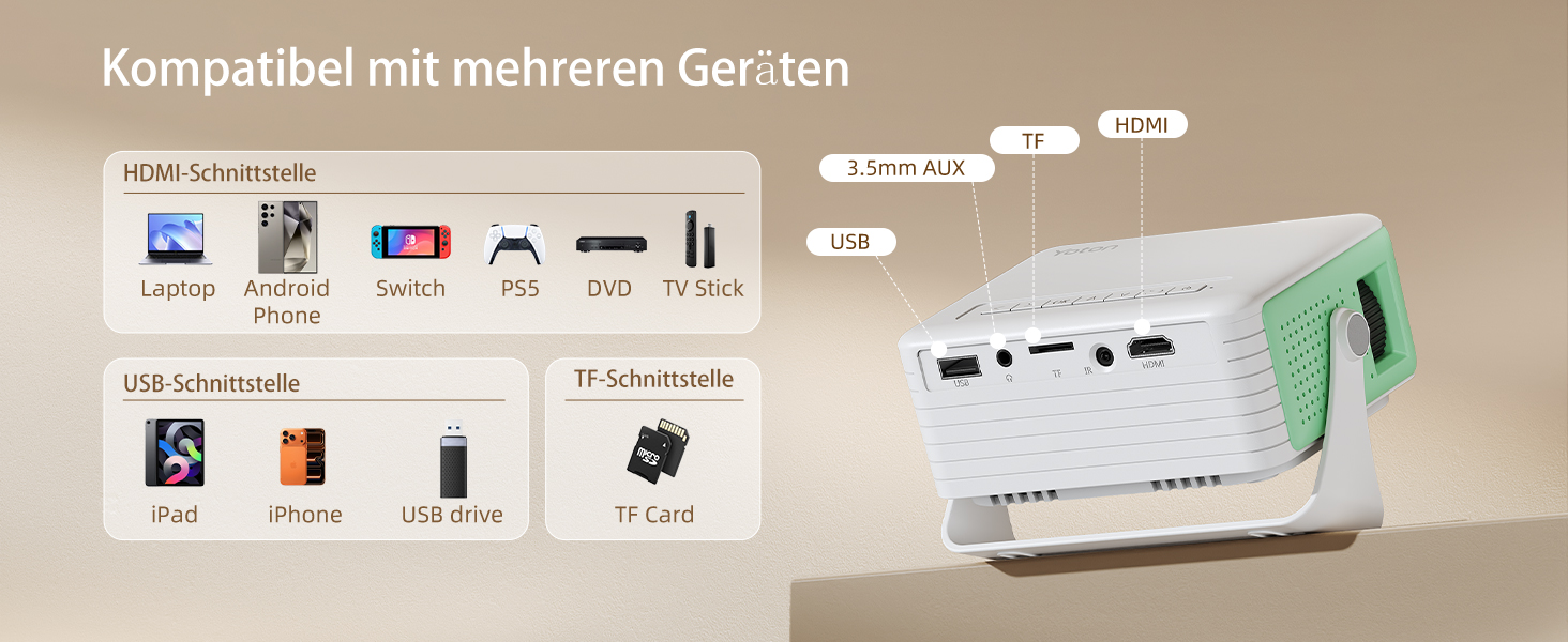 YOTON Mini Beamer 1080P: Портативний проектор для дому, спальні, HDMI/USB/PS5/ТВ-стік, чорний (зелений)