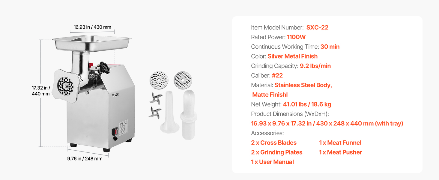 Електрична м'ясоподрібнювач VEVOR, 4.2 кг/хв, 1100 Вт, з лезом та диском, для ресторану, з нержавіючої сталі