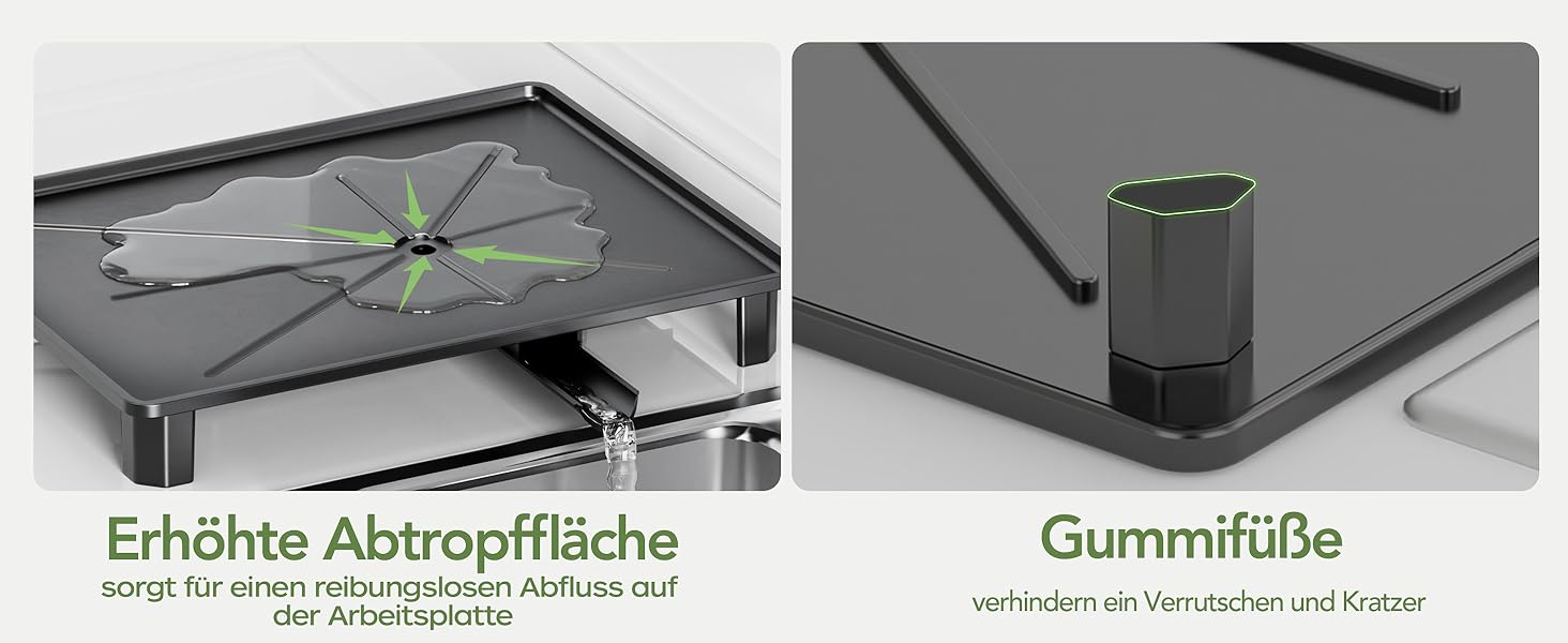 Сушарка для посуду ROTTOGOON розширювана, нержавіюча сталь, з висувним носиком та відділенням для столових приладів, чорна (1-рівнева)