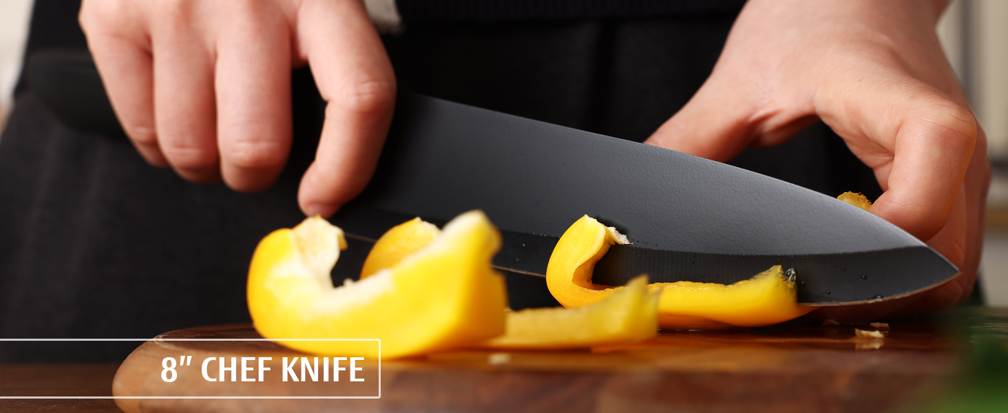 Набір кухонних ножів Hecef 15 предметів з бруском, чорний колір, антипригарне покриття, безпечний для миття в посудомийній машині, самозаточуваний брусок, ергономічні ручки, набір ножів для кухні для початківців та любителів готування (6 шт)