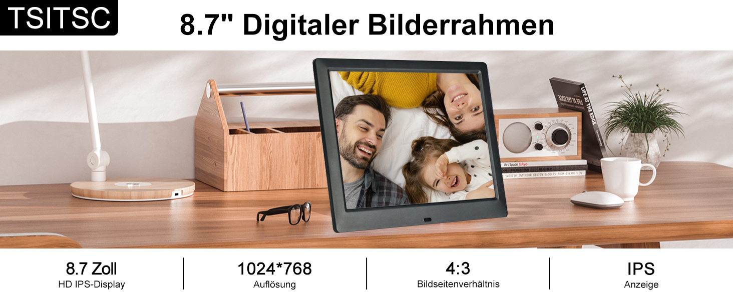 Цифровий фоторамка TSITSC 8.7 дюйма, IPS-екран 1024*768, календар, годинник, музика, фото/відео, USB/SD, з пультом, чорний