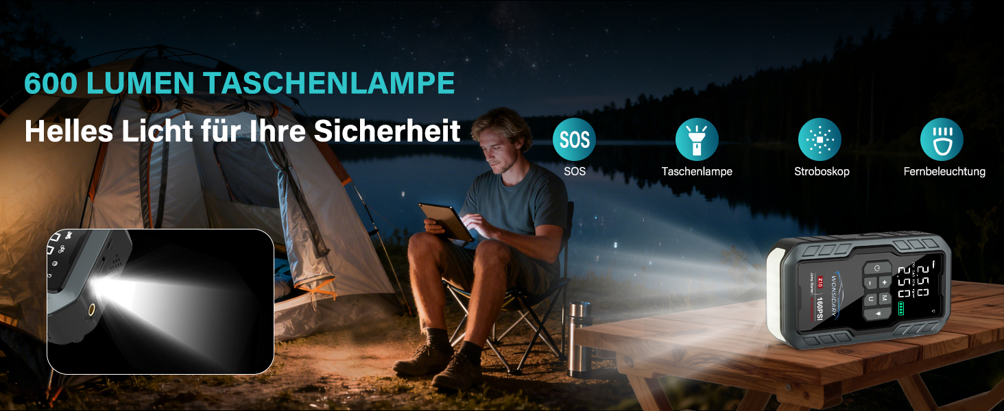 Powerbank Starthilfe 7000A для автомобіля: 27000 mAh, 160 PSI, компресор, LED-ліхтарик, для 12V бензинових та дизельних двигунів (до 8.0L)