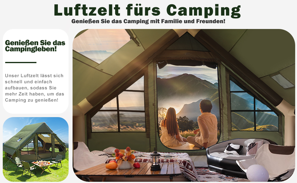 Надувний кемпінговий намет з димарем та вікном, для 2-10 осіб з насосом, з водонепроникної тканини Oxford, швидке встановлення (4 особи, зелений)