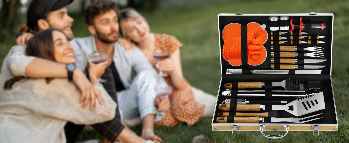 Набір аксесуарів для гриля з нержавіючої сталі 30шт - Професійний, довговічний, у кейсі. Ідеальний подарунок для чоловіків та жінок