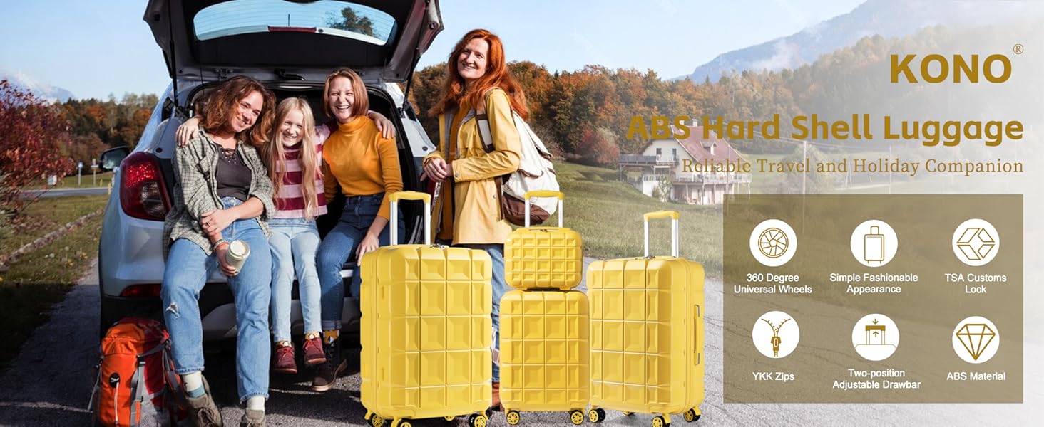 Набір валіз KONO 4 шт. з ABS, з TSA замком, жовтий (M, L, XL)