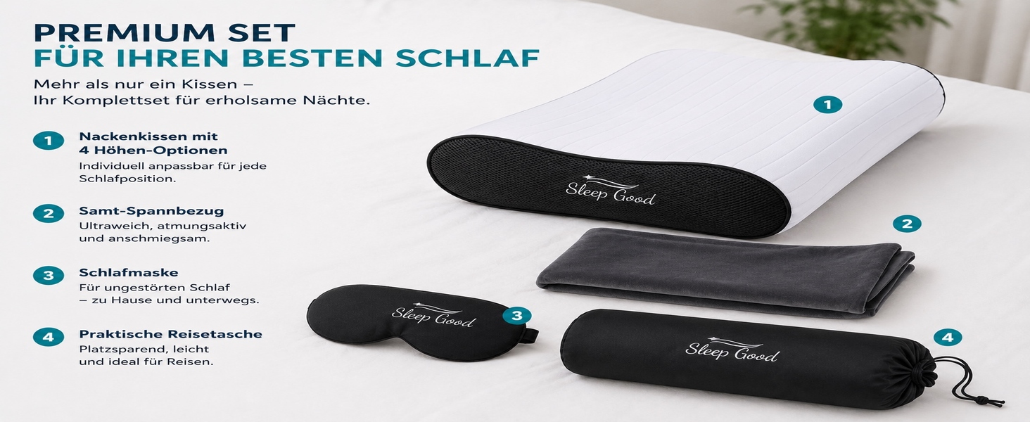 Ергономічна подушка для шиї Sleep Good з ефектом пам'яті (Memory Foam), регульована по висоті, для сну на боці та спині, зі знімним чохлом