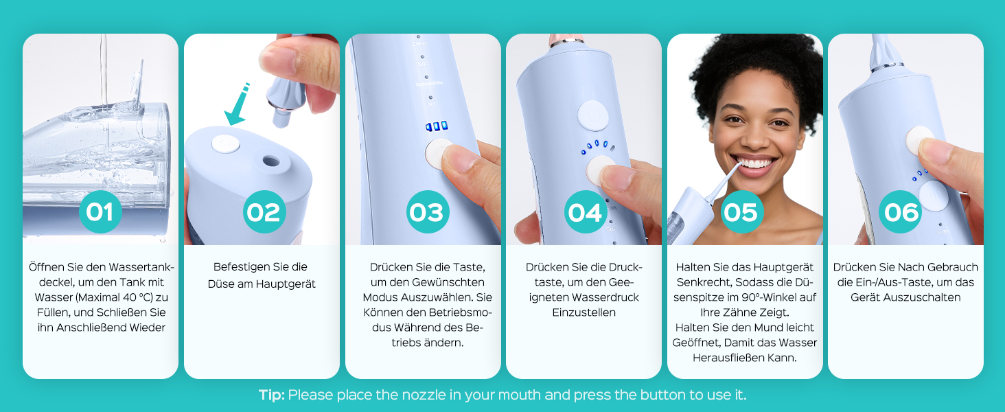 COSLUS Душова насадка електрична бездротова, Testsieger 2026: 20 рівнів тиску води, IPX7 водонепроникність, точна технологія Anti-Splash, 4 режими для здоров'я ротової порожнини, для щоденного використання та подорожей, 5 інтенсивностей (блакитний)