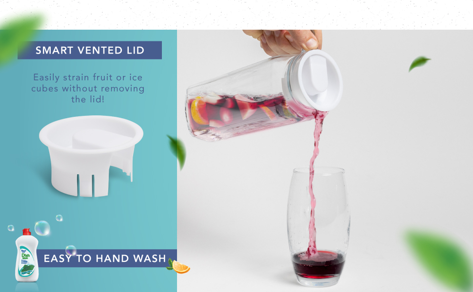 Скляний глечик для холодильника (2 шт.) об'ємом 1 літр з кришкою, рифлений дизайн, не протікає, вентильована кришка для гарячої/холодної води, чай, кава, молоко