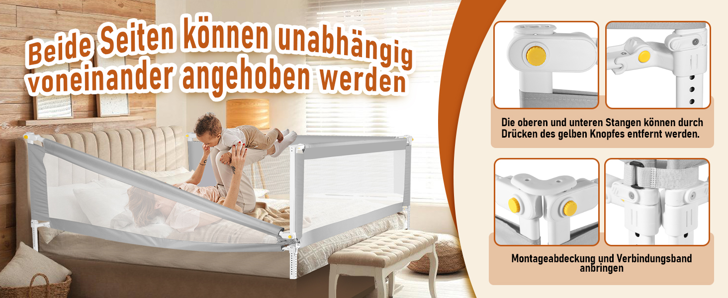 Бортики для ліжка дитячі Ikodm 2x200 см + 1x180 см, регульовані по висоті (64-96 см), сірі, з U-подібними ніжками, захист від випадання