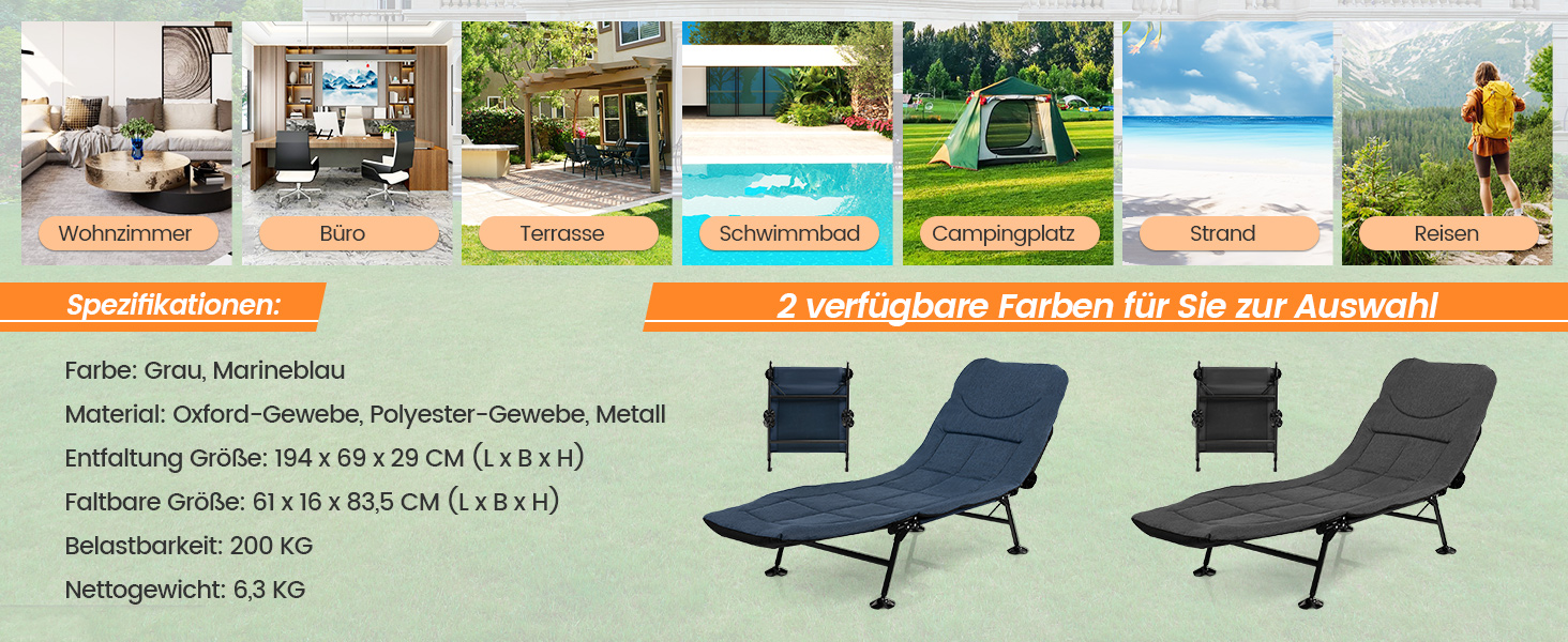 Складане ліжко для риболовлі та кемпінгу GOPLUS, посилене (до 200 кг), з регульованою спинкою (6 позицій) та спеціальними опорами для м'якого ґрунту, сіре