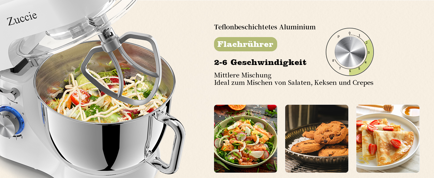 Кухонна машина Zuccie з тихою роботою, місткістю 5л, з нержавіючою чашею, 3 насадки, сплітц-захист, скребок для тіста та роздільник яєць, 8+ швидкостей.