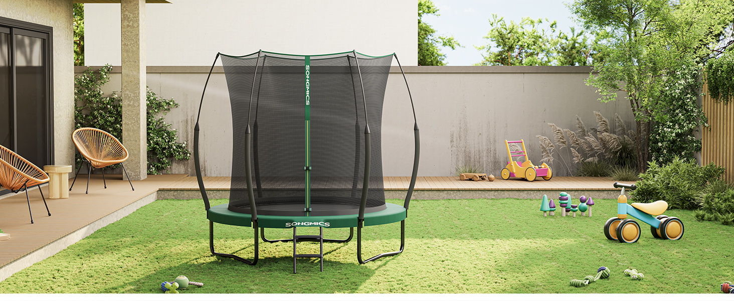 Батут SONGMICS для дітей вуличний Ø244/305/366 см, з захисною сіткою, еластичними тросами та стійками з скловолокна, зелений
