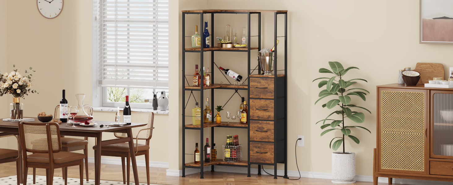 Кутовий стелаж OYRREU з 5 ярусами, LED-підсвічуванням та 4 висувними ящиками. Підходить для вітальні, спальні, офісу, кухні. Вінтажний коричневий колір.