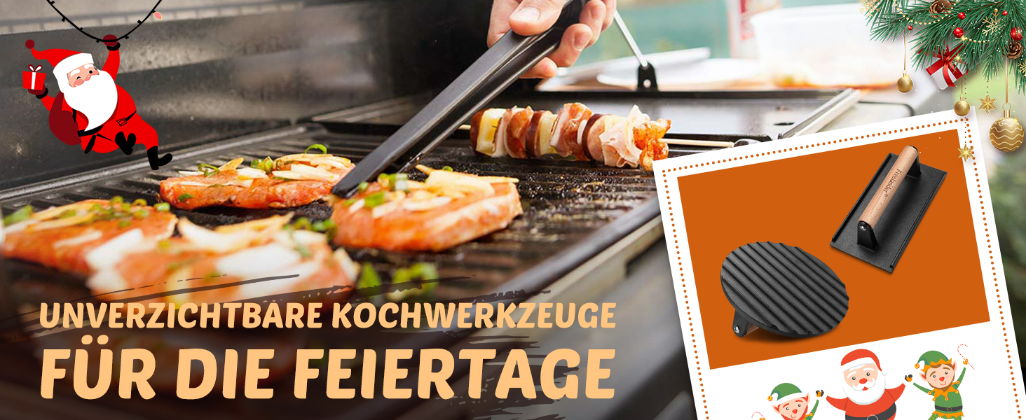 Пресс для бургерів Freelander з чавуну, набір для приготування смашених бургерів (круглий Ø 17.6 см, прямокутний 20.5 см), прес для гриля з термостійкою ручкою, великий бургерний прес для BBQ, стейків, сендвічів, чорного кольору