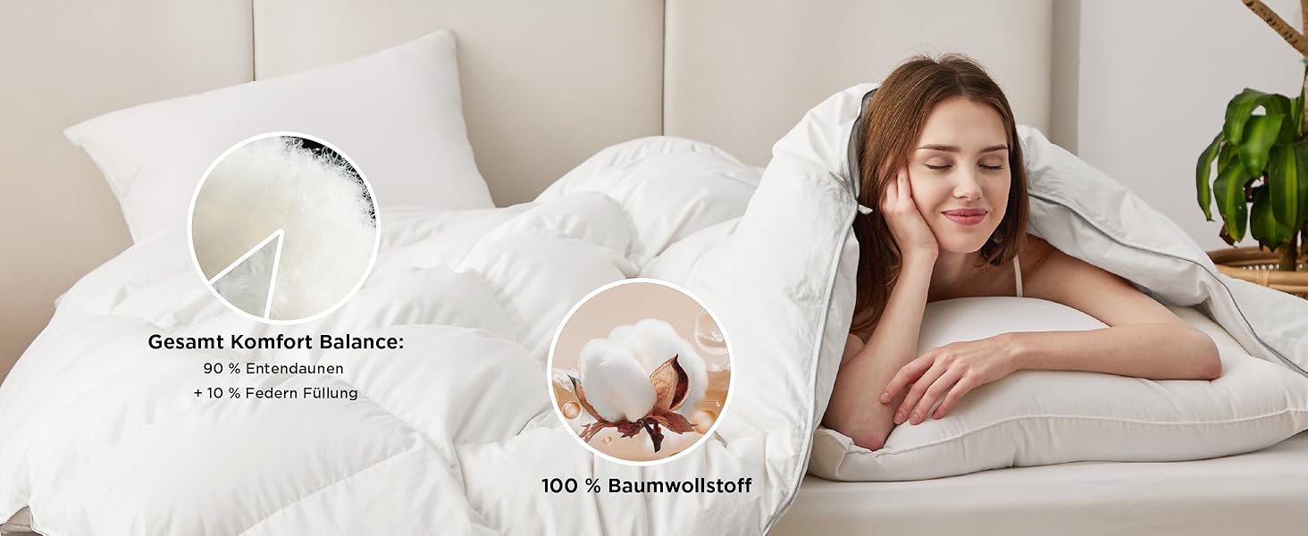 BEDSURE Пухова ковдра 155x220 см - тепла зимова ковдра з 90% пуху та 10% пера, 1080 г наповнювача, сертифікат Öko-Tex, пральна, стегане покриття, білий колір