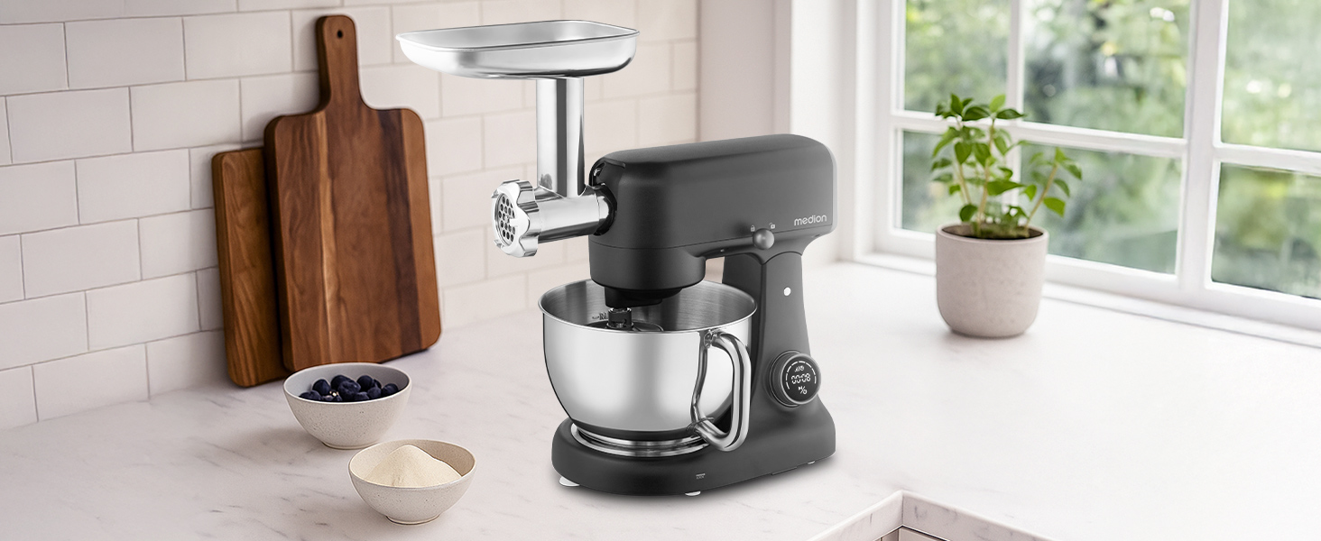 Кухонна машина MEDION MD12600: м'ясоподрібнювач, 4.6л чаша з нержавіючої сталі, тихий DC-двигун, 800 Вт, набір дисків для тертя, шинкування та нарізання, сенсорний дисплей, міксер, тістоміс