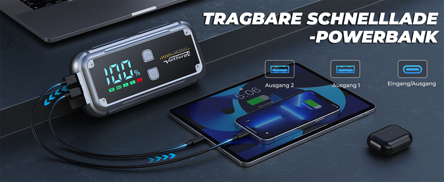 Бустер для автомобіля Starthilfe Powerbank 6000A: портативний пусковий пристрій 12V з USB 3.0, LCD-дисплеєм та ліхтариком для бензинових та дизельних двигунів (до 8.0L)