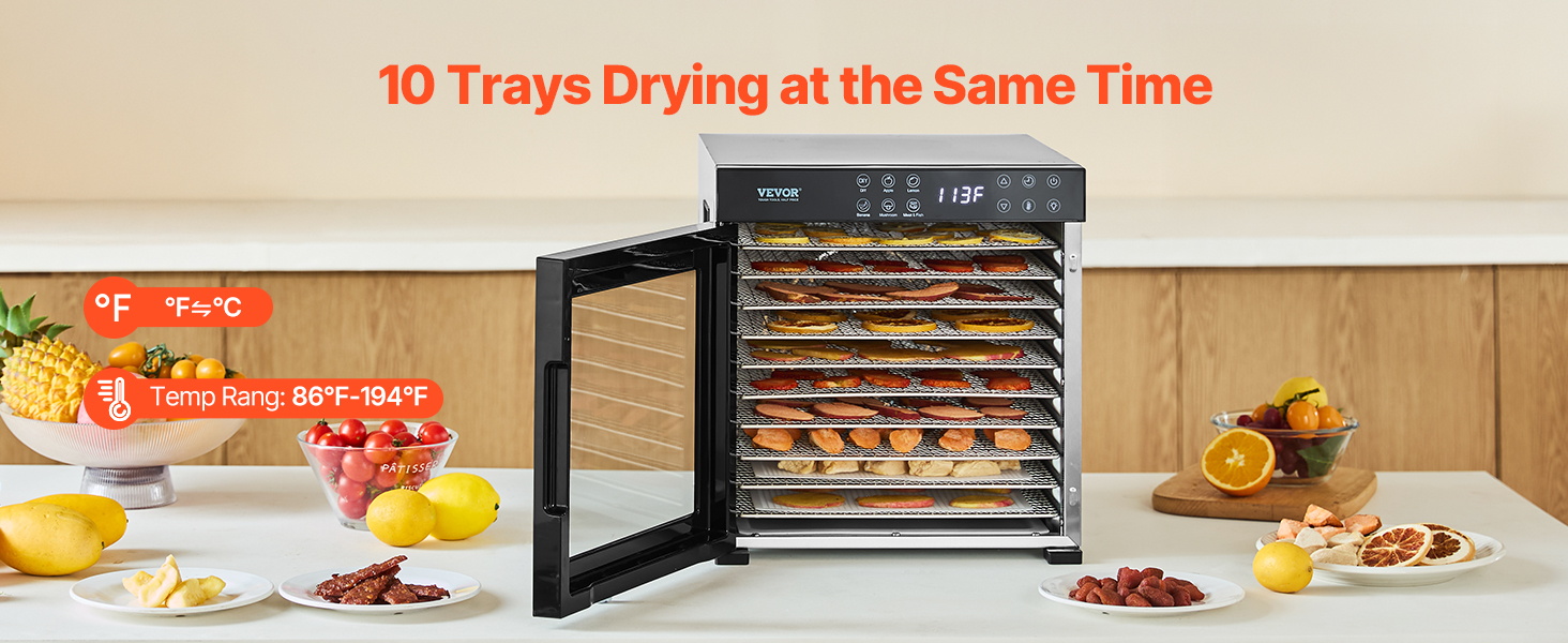 Електрична сушарка для продуктів VEVOR з 10 чашами з нержавіючої сталі, 1000 Вт, сушарка для м'яса, фруктів, овочів, трав, собачих ласощів