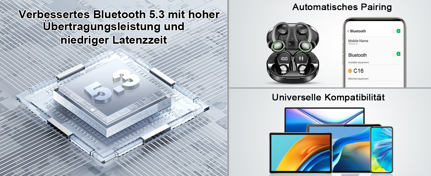 Спортивні навушники Bluetooth, Бездротовий 5.3, Шумозаглушення ENC, 50 годин, HiFi, IP7, LED, USB-C, Чорний