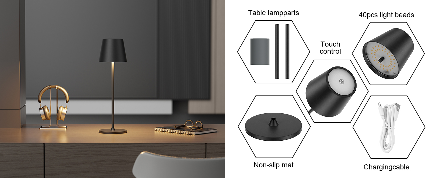 LED настільна лампа Coinmit 2 шт., бездротова, диммування, 3000K, 5000mAh, IP54, регульована висота, для дому та вулиці, чорна
