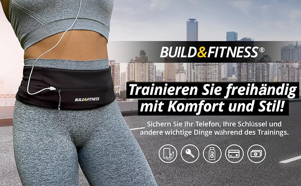 Ремінь для бігу Build & Fitness із застібкою-блискавкою YKK і затискачем для ключів - підходить для всіх смартфонів, ключів, карток - Fanny Pack Жінки та чоловіки - біг, біг, ходьба, спорт Graphite S