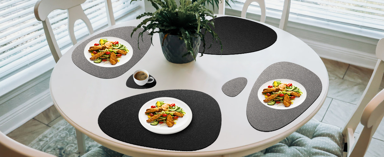 Набір з 6 серветок на стіл, миючі, з підставками, двосторонні, з імітацією шкіри, водонепроникні для обіднього столу, кухні, ресторану та дому (6 шт., чорний)