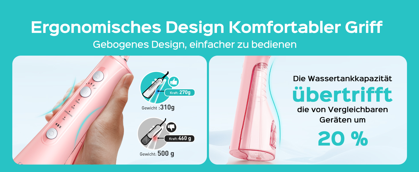 COSLUS Електрична душова насадка бездротова: 20 бар, IPX7, водонепроникна, 4 режими для гігієни порожнини рота, 5 інтенсивностей (Рожева)