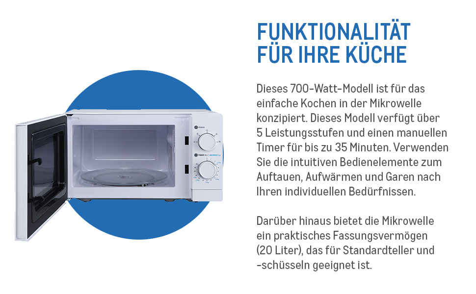 Мікрохвильова піч MW10720, 20 л, 700 Вт, 5 програм, таймер, поворотний стіл Ø 25,5 см, білий
