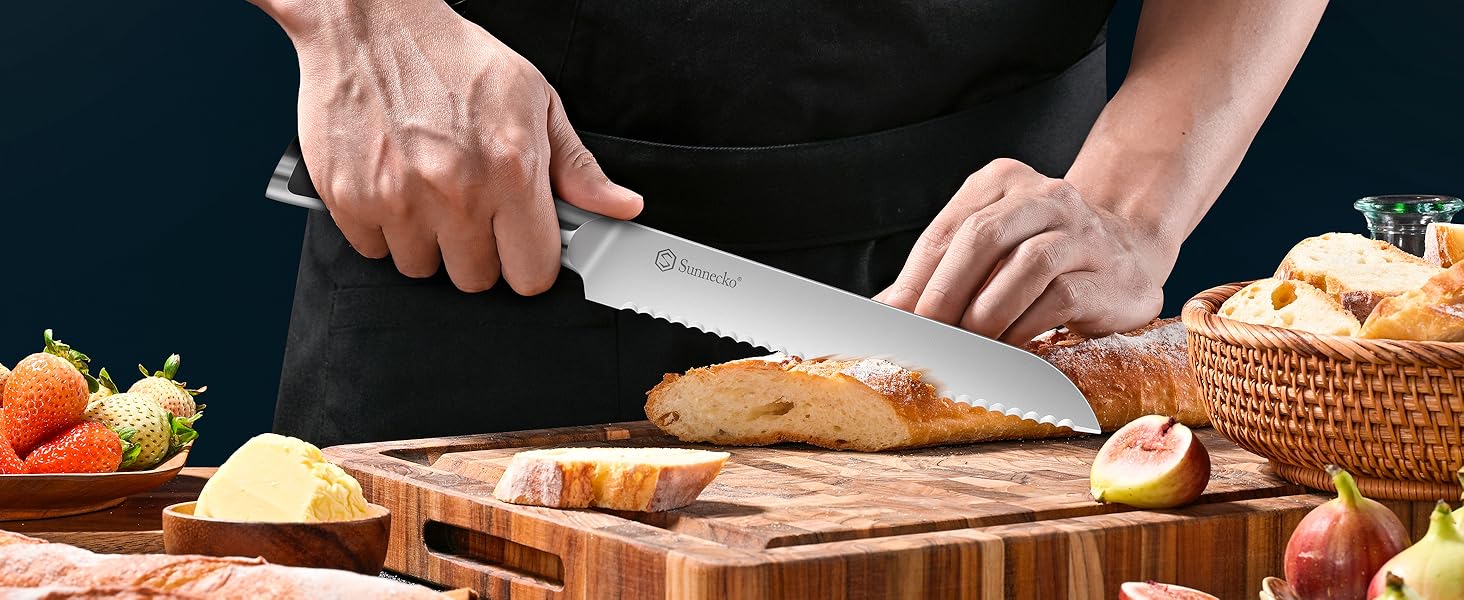 Набір ножів Sunnecko 6 шт. з підставкою – кухонний набір ножів, кухонні ножі з ергономічними ручками, гострими лезами, підставка з нержавіючої сталі та акації