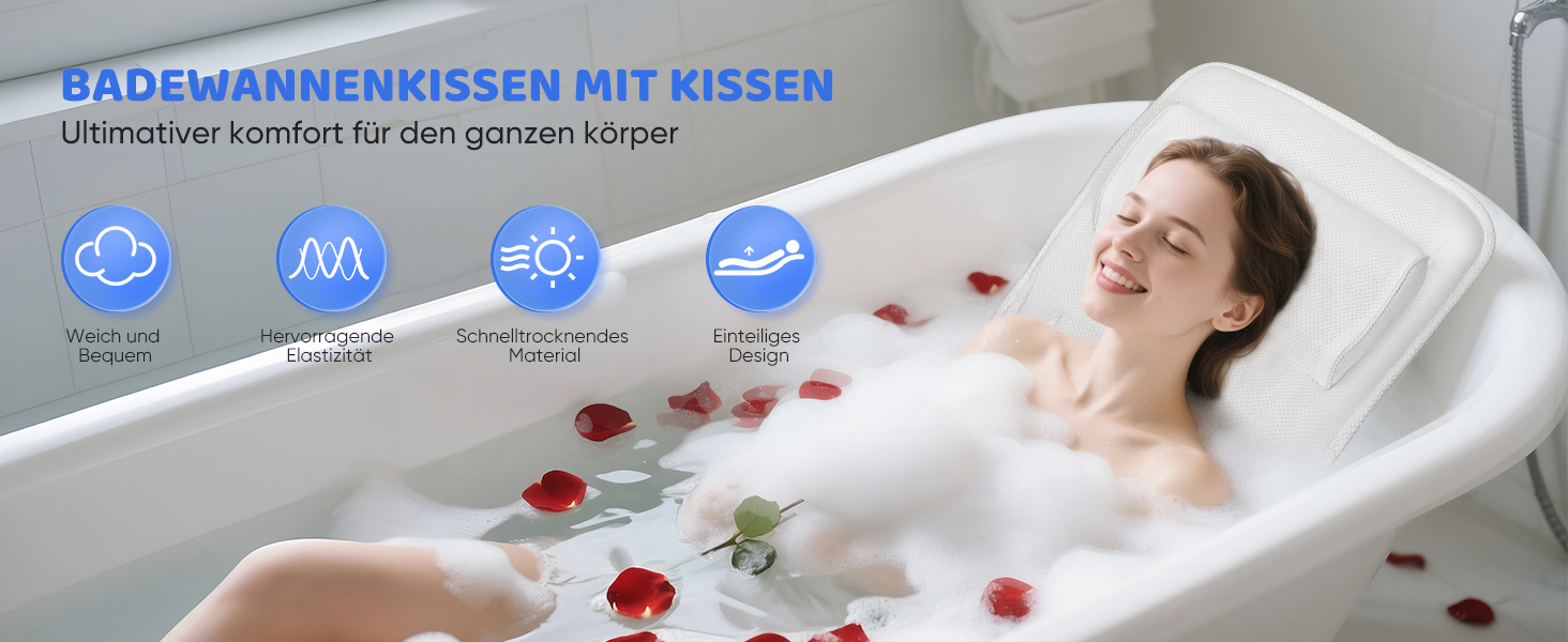 Килимок для ванни з подушкою для тіла 123x40 см, для зросту 160-180 см, швидковисихаючий, для підтримки голови, шиї та спини