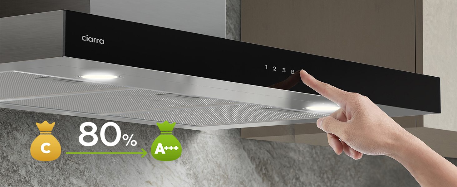 Витяжка кухонна CIARRA CBCS9102 A+++ 90 см, нержавіюча сталь, 650 м³/год, з вугільним фільтром CBCF003, сенсорне керування, настінний монтаж