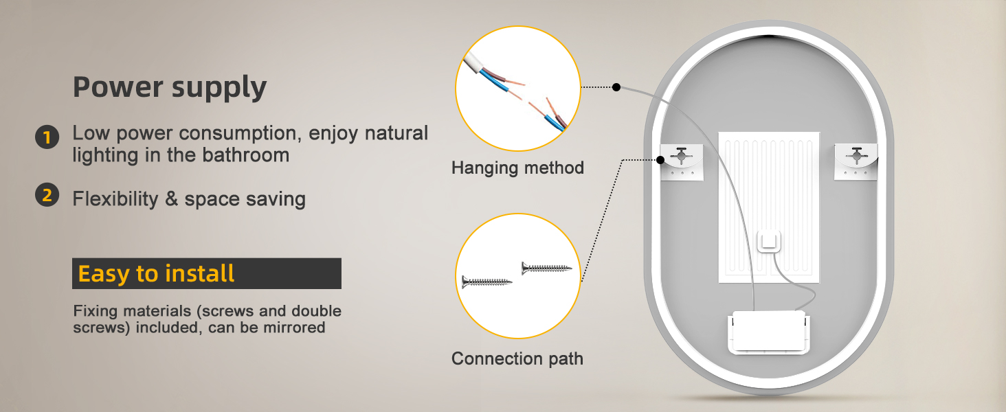 Дзеркало для ванної кімнати Worshow з підсвічуванням 50x70 см, прямокутне, LED, з підігрівом, 3 колірні температури, таймер, пам'ять, сенсорне керування