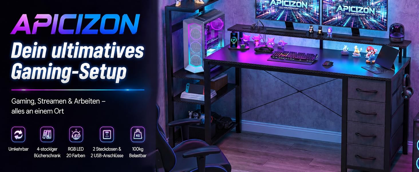 Ігровий стіл APICIZON 150 см з поличкою, підставкою під монітор та RGB-підсвіткою, чорний. Комп'ютерний стіл з USB, тримачем для навушників та підставки для чашки, карбоновий дизайн