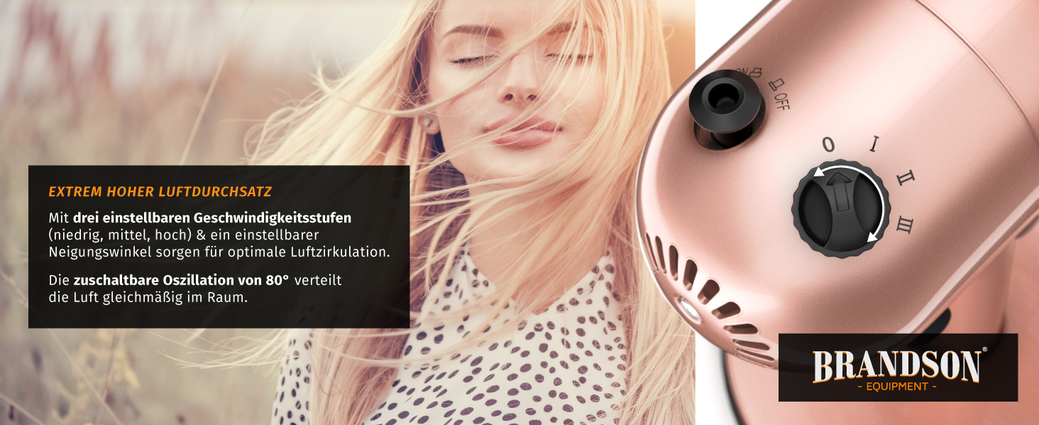 Вентилятор настільний Brandson мідний, 3 швидкості, з осциляцією 80° та нахилом 40°, металевий корпус (Рожеве золото)