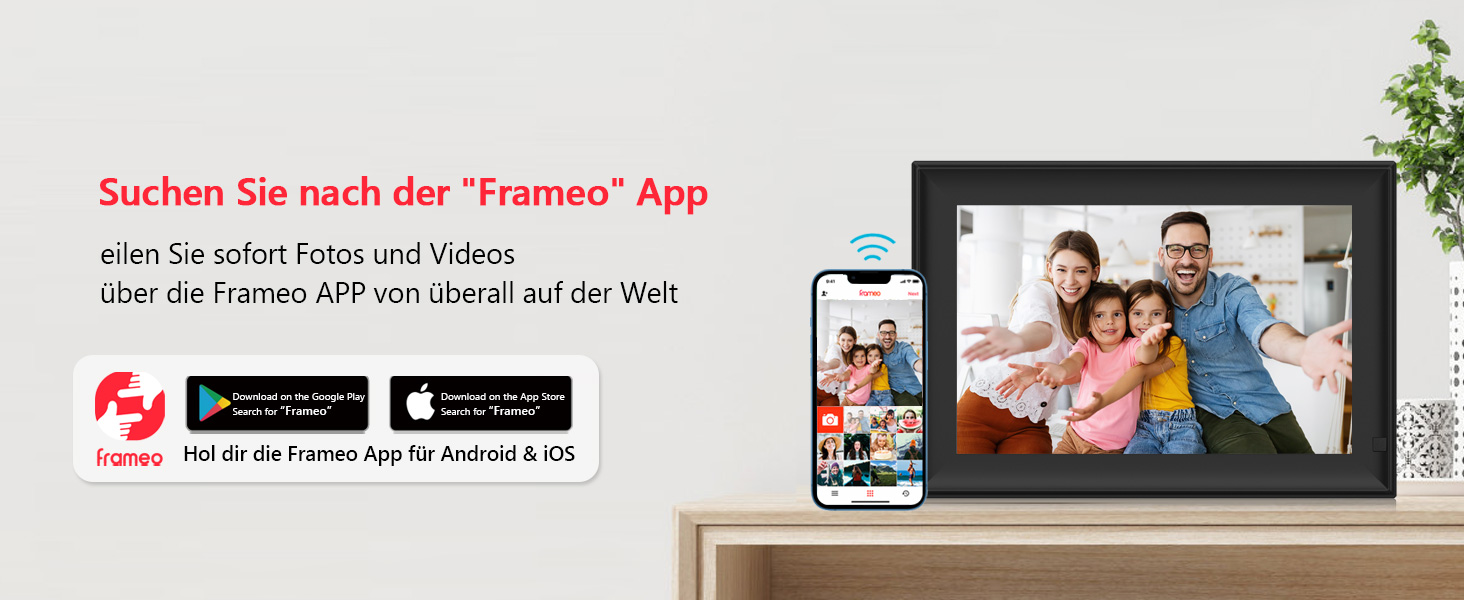 FRAMEO Цифровий фоторámеn 15.6 дюймів WiFi, IPS, FHD 1920x1080, 32GB, сенсорний екран, автоповорот, для стін, фото/відео через додаток FRAMEO
