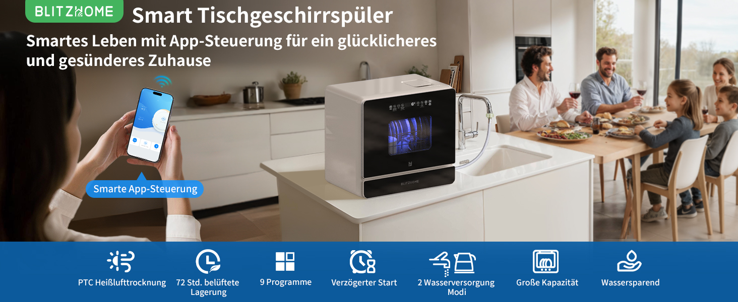 BLITZHOME Міні посудомийна машина: портативна, 9 програм, 5.2L, з керуванням через додаток