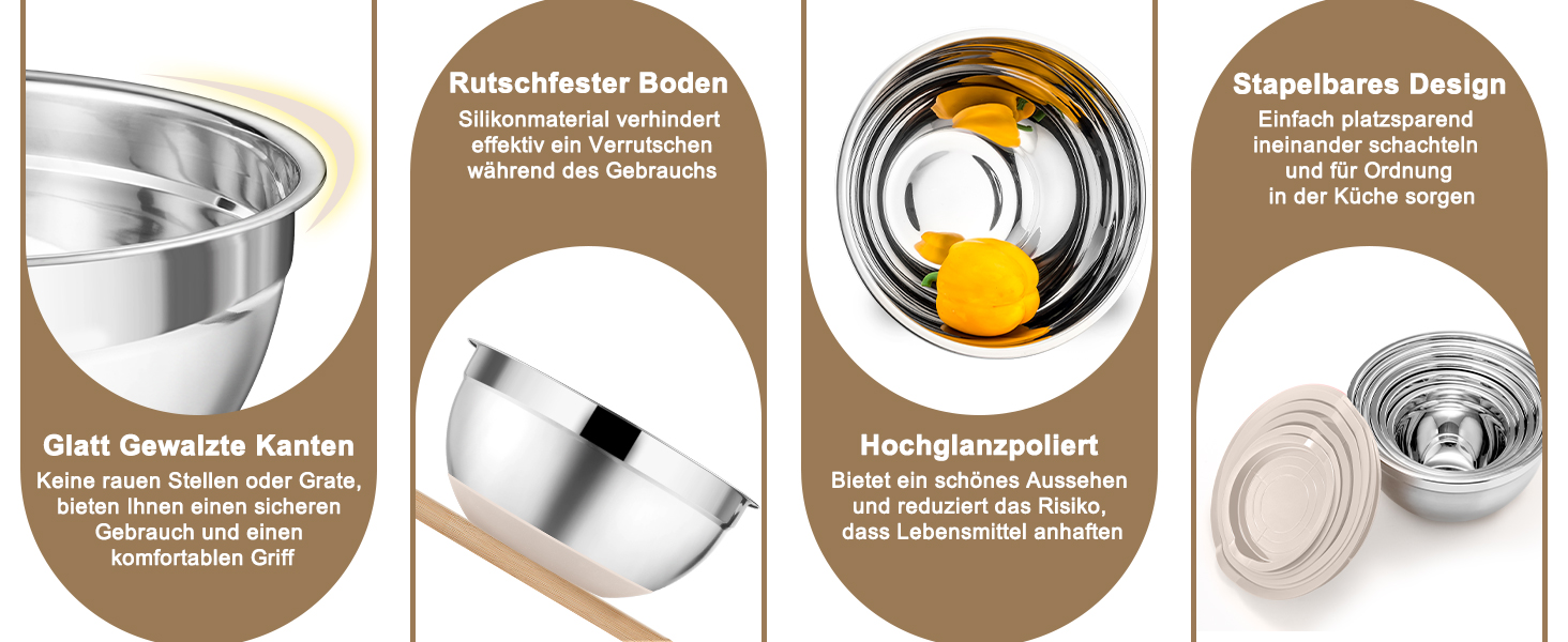 Набір мисок Onader (6 шт) з нержавіючої сталі з кришками та тертками для кухні, 4.6/2.8/2.5/1.6/1.2/0.7 л, стакові та придатні для миття в посудомийній машині, бежевий колір