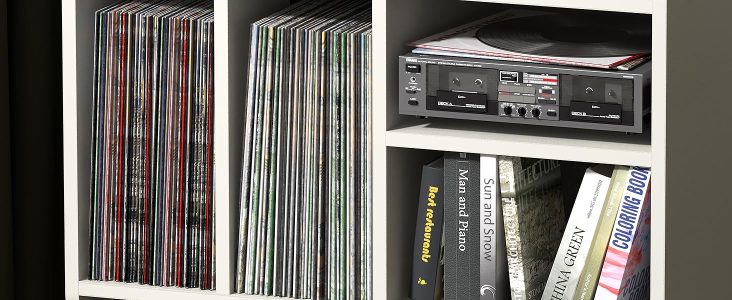 Стіл для програвача вінілу, підставка для програвача в стилі середини століття з місцем для зберігання до 150+ платівок, шафа для вінілових платівок з регульованими полицями (білий)