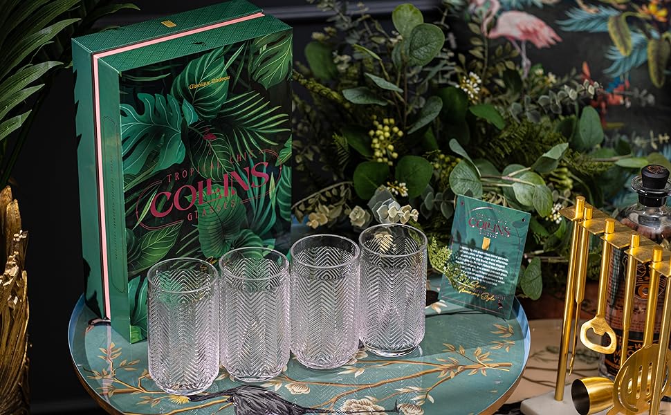 Вінтажні келихи для коктейлів Flamingo Collins Long Drink для Мохіто, Кайпіріньї, Май Тай, Піна Колади Набір з 4 окулярів хайбол Кришталеві високі келихи Highball об'ємом 340 мл для тропічних коктейлів і коктейлів Тікі