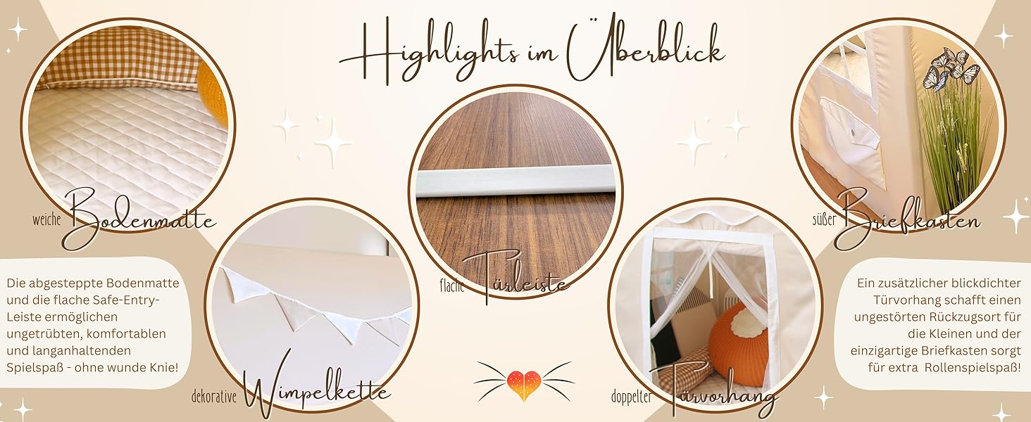 Дитячий будиночок LIONHERZ® DAS ORIGINAL з поштовою скринькою | Ігровий намет з килимком та гірляндою | Будиночок для дітей з 3 вікнами та щільним завісою | Намет для дитячої кімнати (кремово-білий)