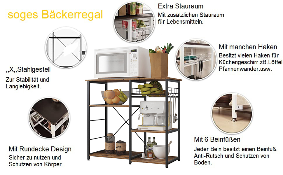 Стелаж для кухні та випічки Soges: місткий, чорний, з 3 полицями (ретро)