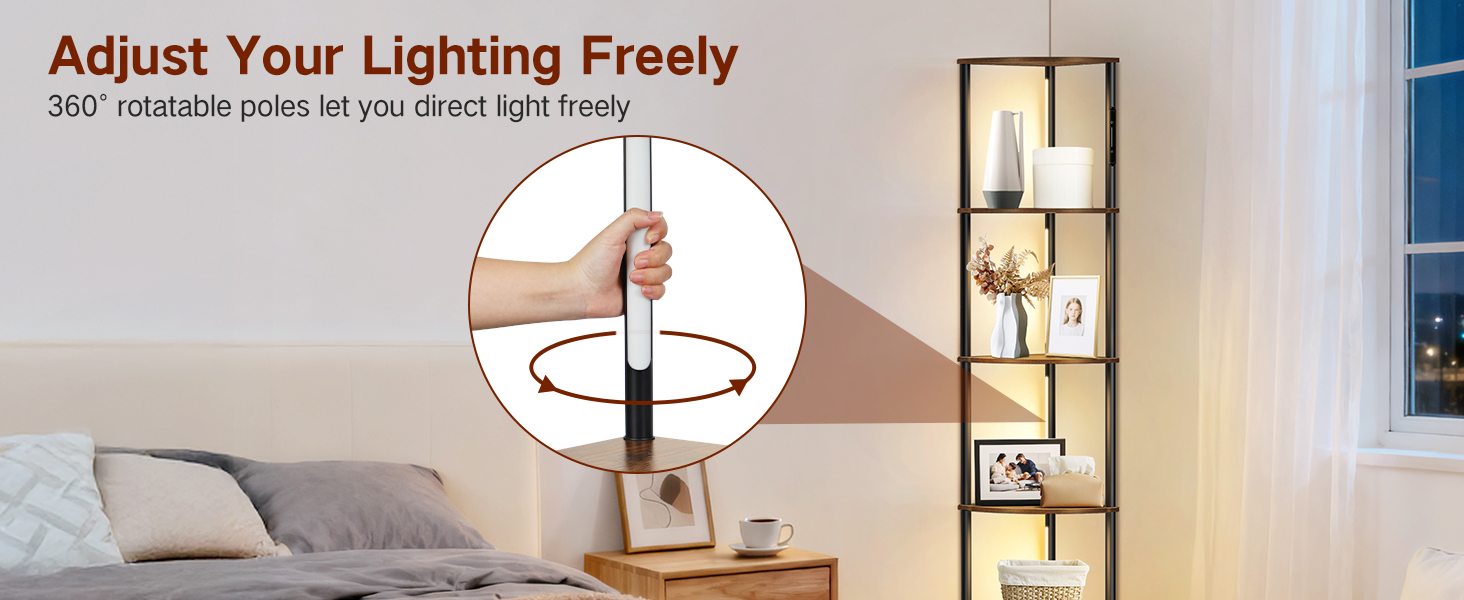 LED торшер з полицею, 3 режими світла, димування (сенсор/пульт), кутова полиця 5-рівнів, вузький книжковий стелаж для вітальні, спальні, офісу (білий)