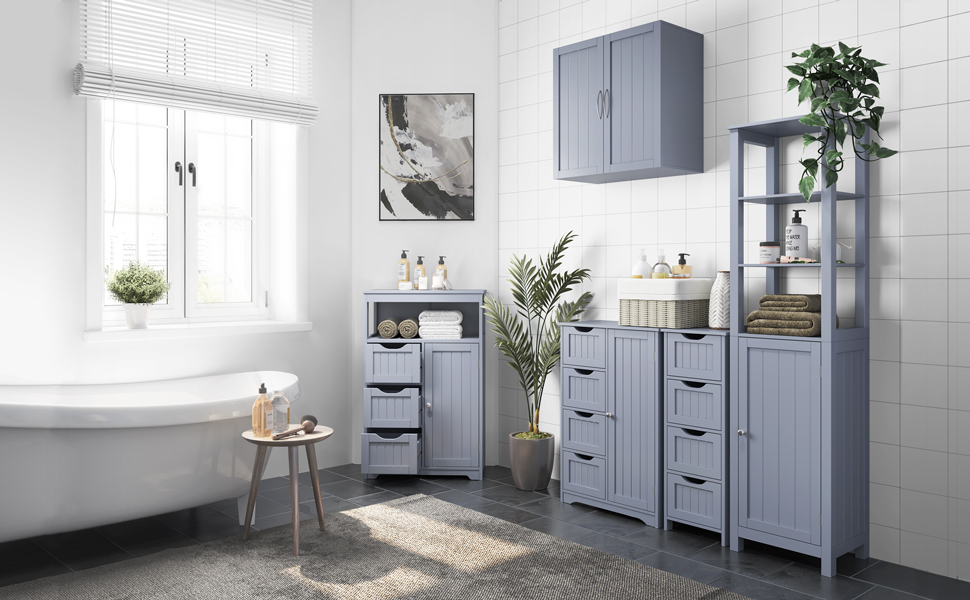 Шафка у ванну кімнату Yaheetech з 3 висувними ящиками та 1 дверцятами, сіра, 55,5 x 29,5 x 86,5 см